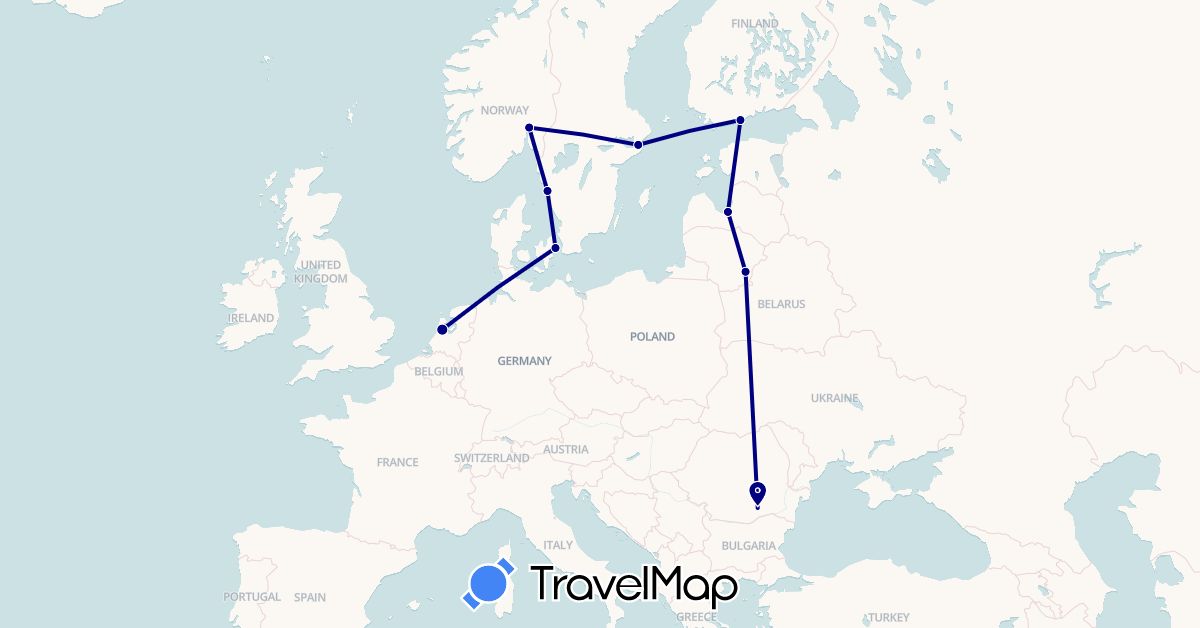 TravelMap itinerary: driving in Denmark, Finland, Lithuania, Latvia, Netherlands, Norway, Romania, Sweden (Europe)